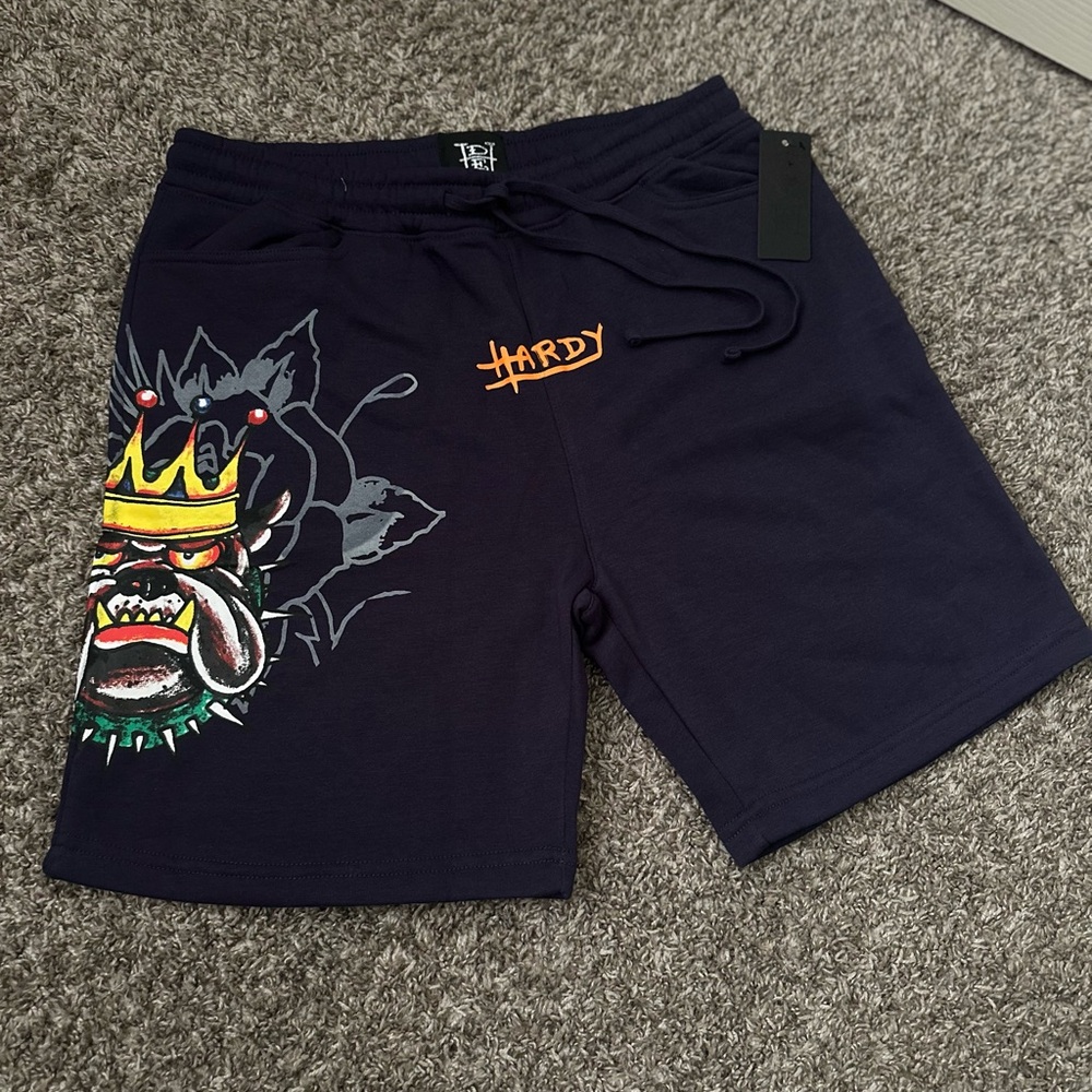 Ed Hardy Dark Blue Graphic Athletic Shorts